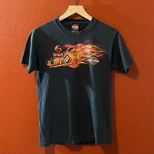 Harley Davidson Men’s 2006 Black Flames Hog Biker Y2K Motorcycle Tee Shirt